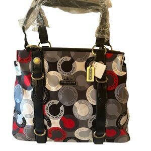 Coach NWT Multicolor Signature Tote Satchel Leather Trim Large Designer Handbag